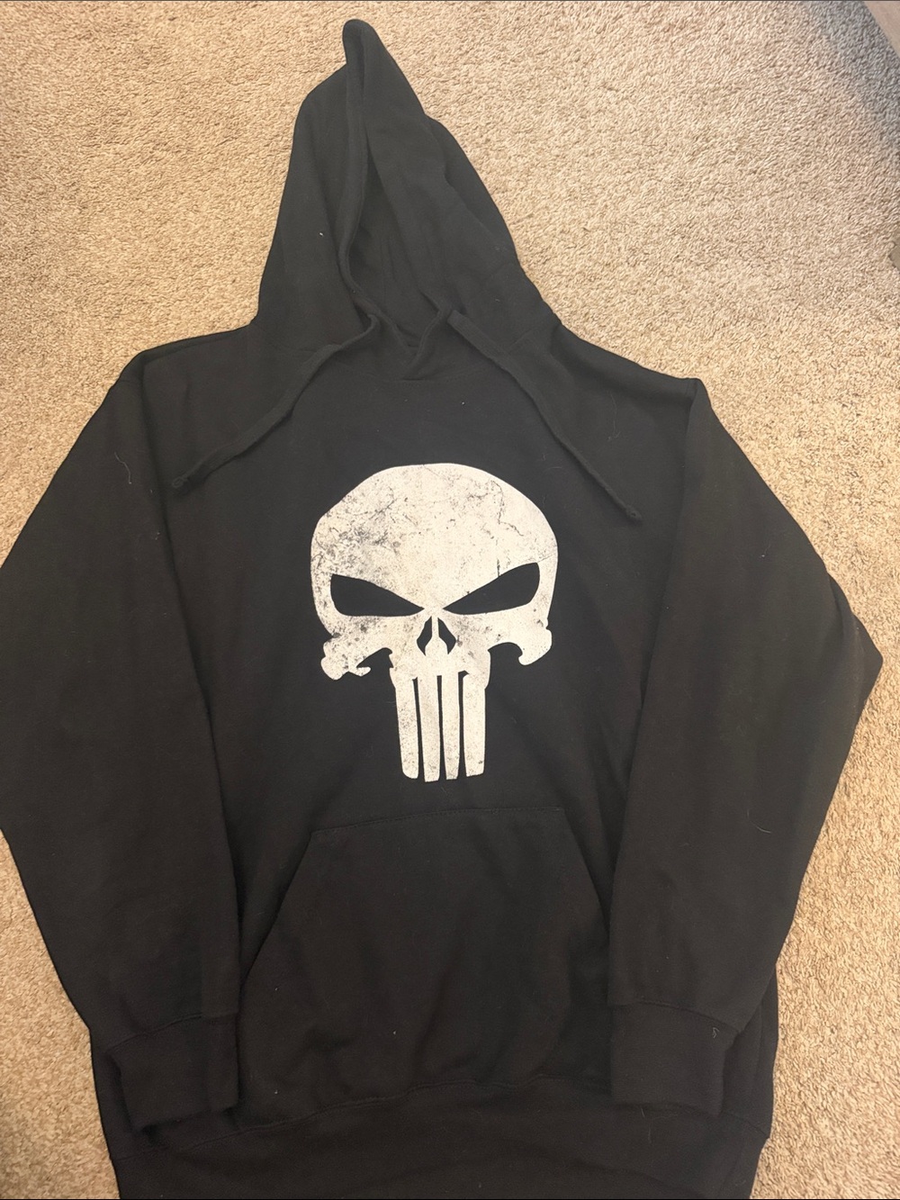 Men's Black Zip-Up Style Sweater Hoodie with White Skull Graphic Punisher